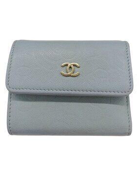 Chanel Wallet Trifold Caviar Leather Camellia Light Blue Gold Compact